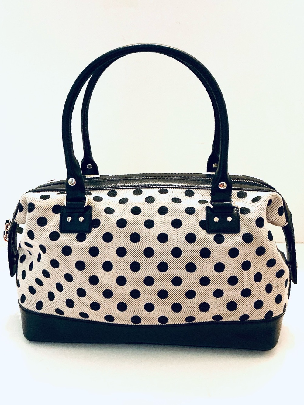 KATE SPADE, Justina Ashlyn Belltown Polka Dot Canvas and Leather Satchel Handbag - Picture 3 of 16